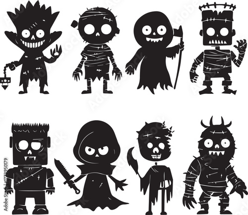 Halloween Monsters Silhouette Vector Set – Vampire, Zombie, Skeleton, and Ghost Icons