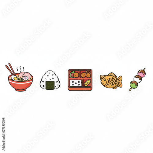 A vibrant set of traditional Japanese food icons, featuring ramen, onigiri, bento, taiyaki, and dango illustrations on a white background