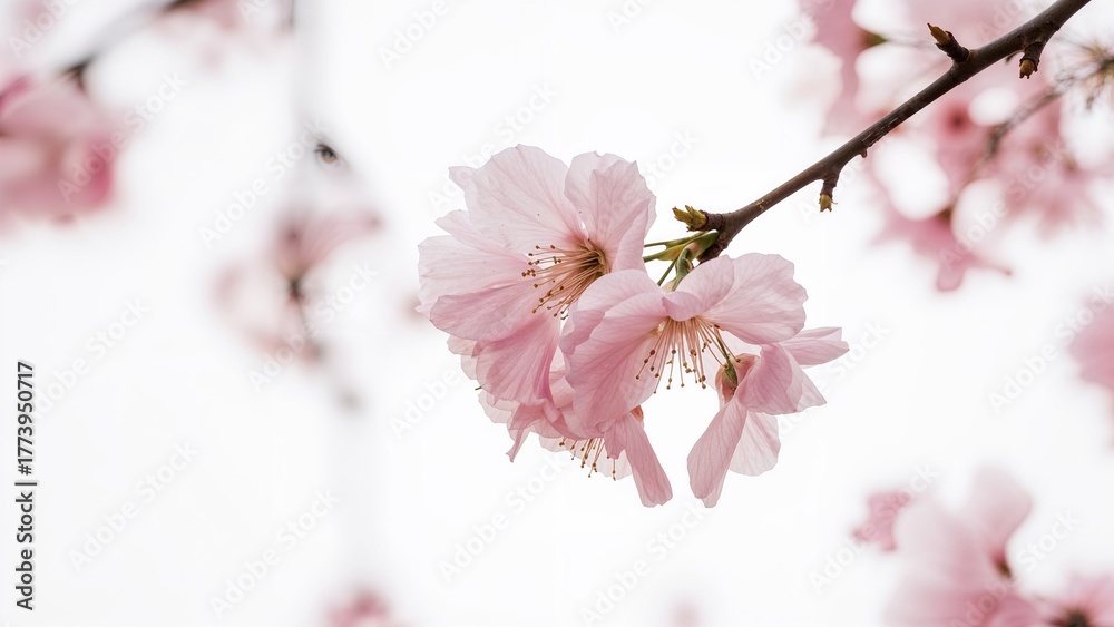 Fototapeta premium Pink cherry blossoms on a branch with a blurred background.