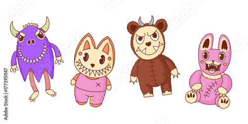 Cute and scary Monster Characters set. Rabbit, cat and bear with claws and horns. Funny mascot kawaii beasts in hand drawn modern style. 