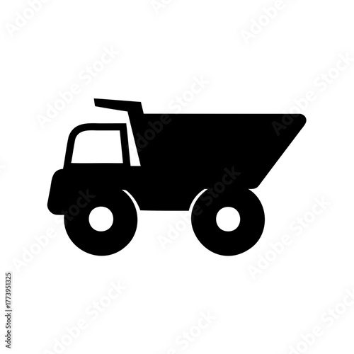 Simple vector graphic icon of a black construction dumper truck on white