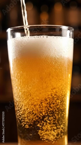 Pouring Light Beer Into Tall Glass in Bar Setting Close Up