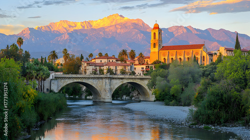 Scenic view of Pasadena featuring Colorado Street Bridge at sunset, overlooking the Arroyo Seco with San Gabriel Mountains beyond, Southern California travel and landscape photography concept