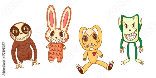 Cute and scary Monster Characters set. Rabbit, cat and bear with claws and horns. Funny mascot kawaii beasts in hand drawn modern style. 