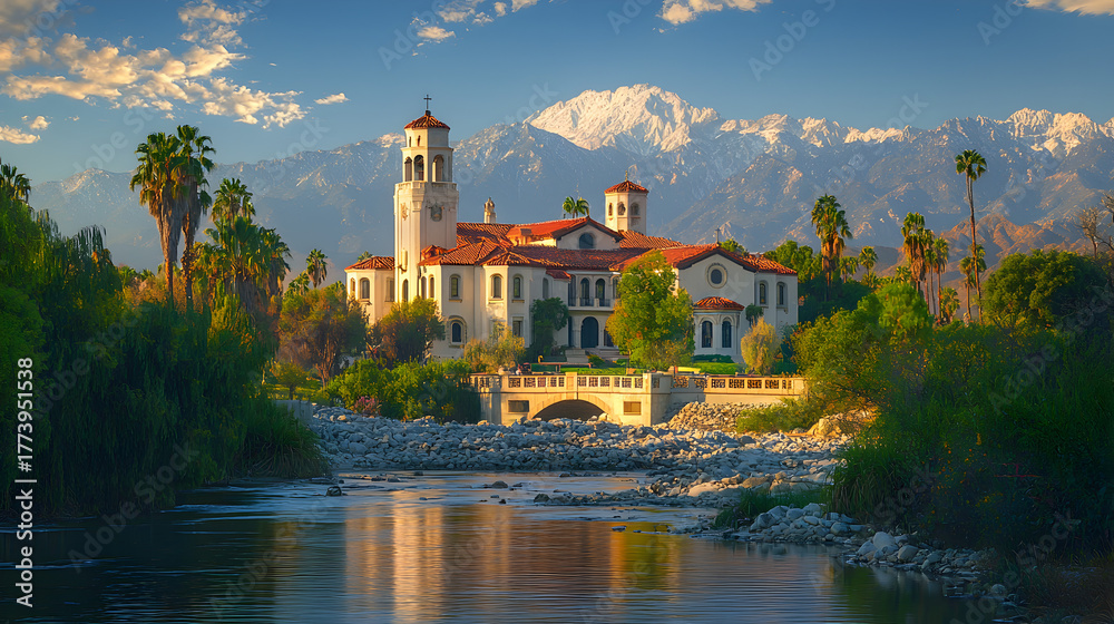 Obraz premium Stunning Pasadena panorama with iconic Colorado Street Bridge over the Arroyo Seco canyon, framed by the San Gabriel Mountains, symbolizing California architecture and natural beauty