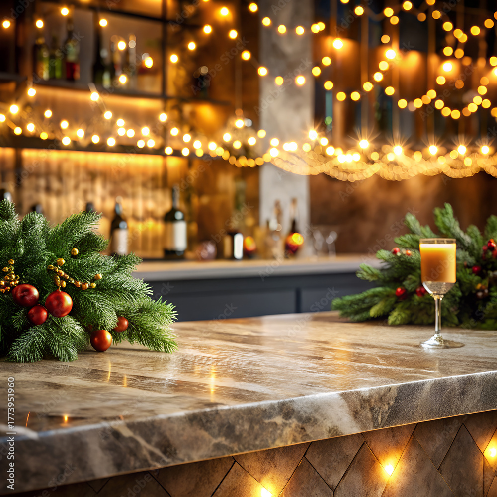 Obraz premium Elegant holiday bar counter backdrop with empty marble surface in the foreground, blurred golden lights, pine garland, and festive cocktails in the background — perfect for seasonal beverage promotion