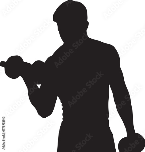 Silhouette of muscular man weightlifting with dumbbells for strength training workout