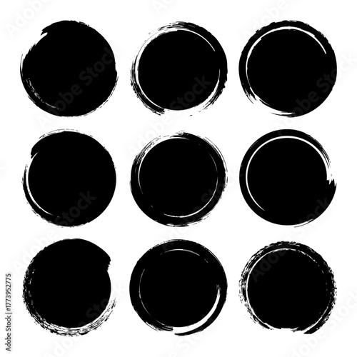 Grunge circles, brush strokes, lines, ink smudges, hand-drawn scribble shapes. Handmade sketchy marks, acrylic stains, charcoal streaks. Paint textures, dry brush effect. Vector illustration