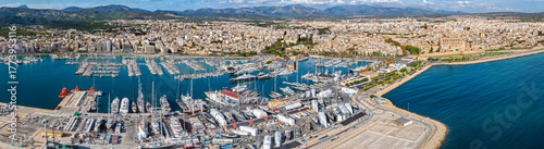 Aerial View of Palma de Mallorca Cityscape and Luxury Yacht Harbor with Cruises & Ferries