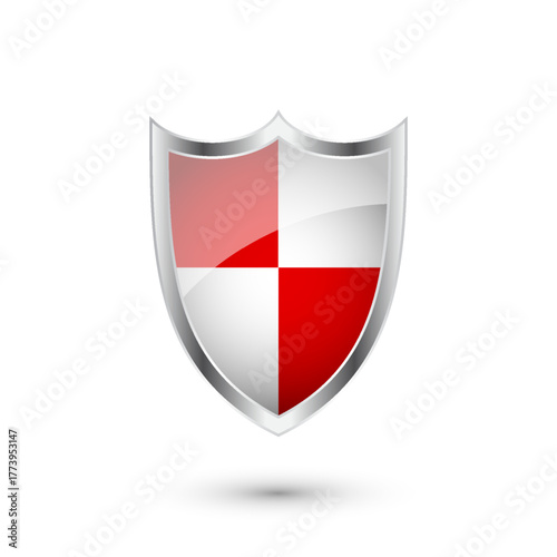 Glossy shield with red and black pattern. Security and protection concept. Cyber safety icons, internet privacy, web defense, digital data protection and antivirus themes. Vector illustration