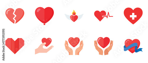 Diverse heart icons representing love, health, and emotion in various styles