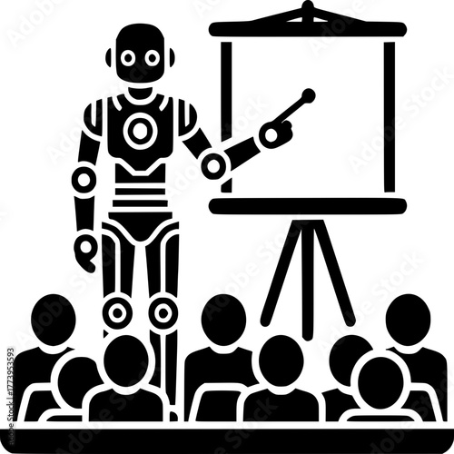 AI-Powered Presentation: A sleek, modern illustration of a robot delivering a presentation to a rapt audience, symbolizing the future of technology and innovation.