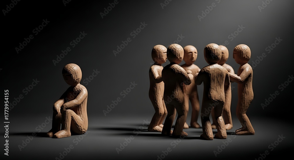 Obraz premium One clay figure sitting alone while a group of figures stand together, symbolizing exclusion and loneliness