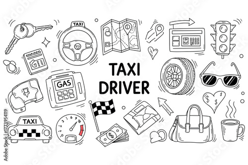 Taxi driver essentials: steering wheel, map, fuel gauge, traffic light, cash