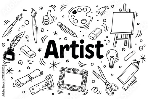 Creative tools for artists: brushes, easel, palette, ink, canvas, and more