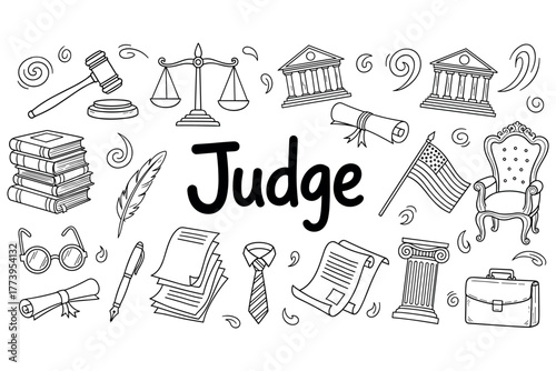 Judge themed doodle illustration with gavel, scales, and legal symbols