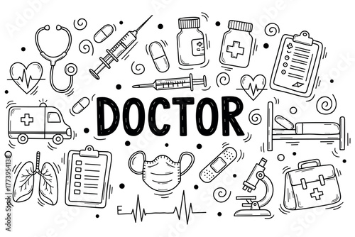 Medical doodle illustration featuring doctor and healthcare symbols