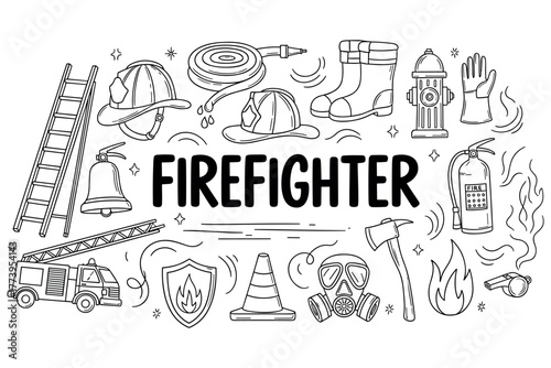 Firefighter equipment icons: helmets, ladder, hose, extinguisher, truck illustration