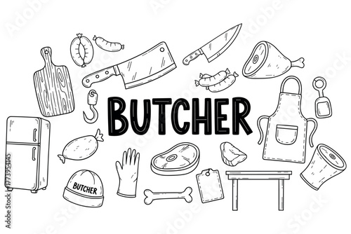 Butchery tools and meat elements: knives, apron, and sausages illustration