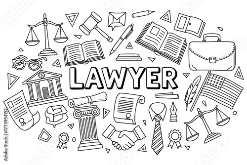 Legal profession icons: scales, gavel, books, and briefcase in lawyer illustration