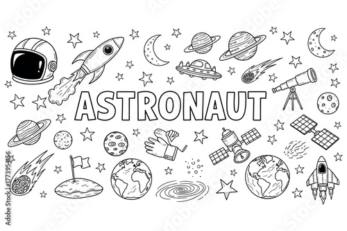 Space exploration doodles: rocket, planets, telescopes, and astronaut theme