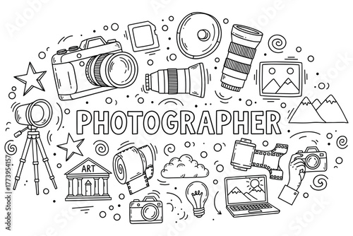 Photography elements: cameras, lenses, tripod, film, and creativity in doodle art