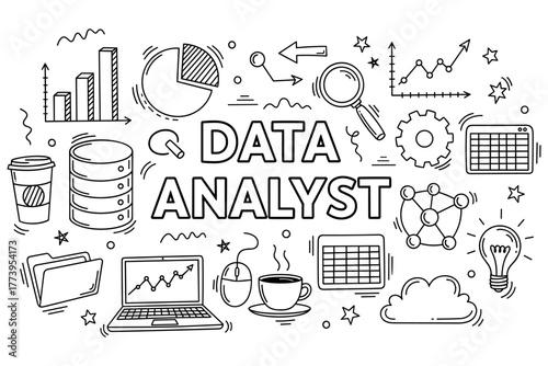 Data analyst concept with charts and technology icons in black and white