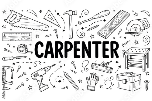 Collection of carpenter tools: hammer, saw, drill, and more in black and white illustration
