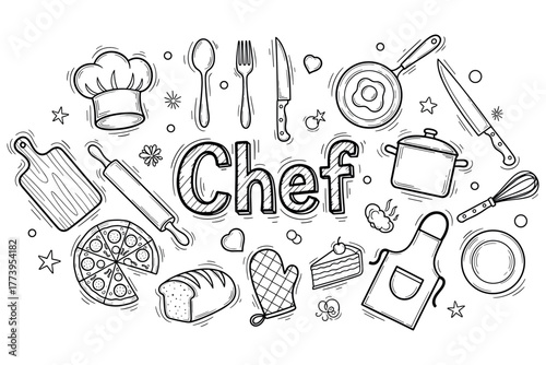 Hand-drawn chef tools and utensils doodle with text in black and white