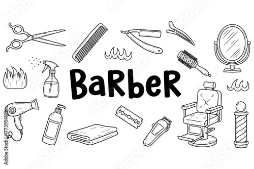 Barber tools and equipment illustration with scissors, comb, and barber chair
