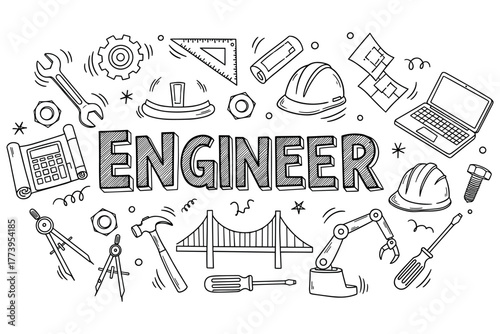 Engineering tools and symbols: hard hat, bridge, laptop, and gear doodles
