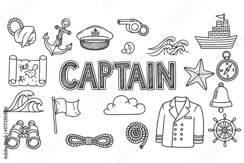 Nautical symbols and items with captain hat and ship wheel