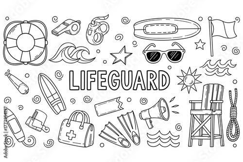 Lifeguard equipment doodles: beach whistle, surfboard, lifebuoy, and sun elements