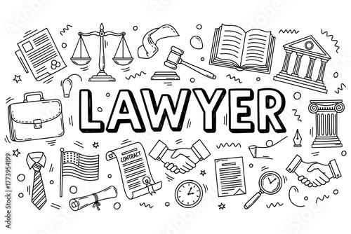 Lawyer profession doodle with symbols of justice and legal elements