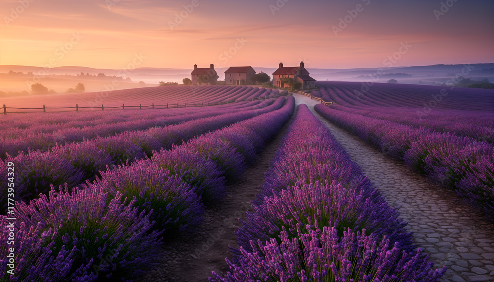Obraz premium Field of lavender flowers at sunset. AI-generated