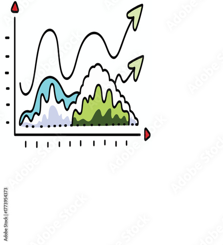 Hand drawn business data chart showing financial growth and market trends with upward arrows