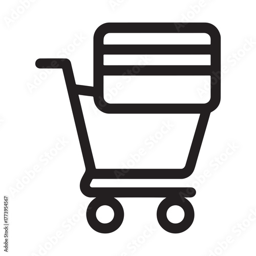 Digital Shopping Cart Icon: A clean, minimalist illustration of a shopping cart, adorned with a credit card, symbolizing convenience and modern purchasing. 