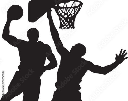 Basketball players silhouettes in action shooting and blocking for the win