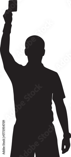Soccer Referee Silhouette Showing Red Card For Disciplinary Action Penalty