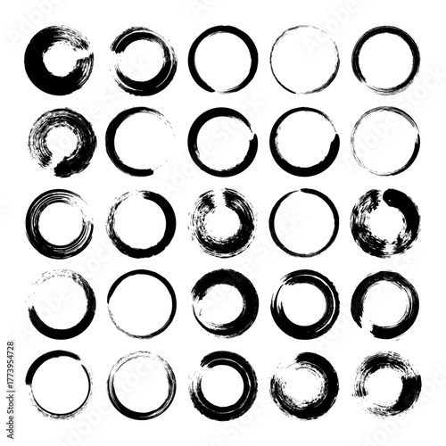 Grunge circles, brush strokes, lines, ink smudges, hand-drawn scribble shapes. Handmade sketchy marks, acrylic stains, charcoal streaks. Paint textures, dry brush effect. Vector illustration