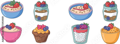 Healthy breakfast bowls, granola jars, yogurt with fruits, chia pudding and muffin illustration, colorful dessert food vector collection, nutrition art