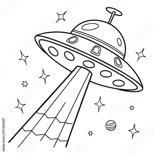 Ufo flying spaceship. World UFO Day. Flying saucer. Vector, UFO Glow and Sparkle Retro Design