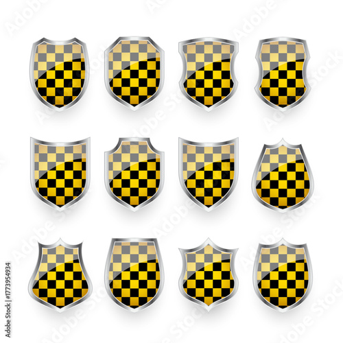 Glossy shields with yellow and black pattern. Security and protection concept. Cyber safety icons, internet privacy, web defense, digital data protection and antivirus themes. Vector illustration