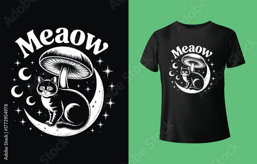 Whimsical illustration of a black cat sitting under a mushroom on a crescent moon with stars and the word meow