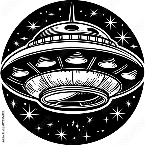 Ufo flying spaceship. World UFO Day. Flying saucer. Vector, UFO Glow and Sparkle Retro Design