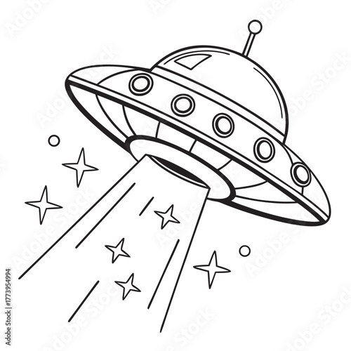Ufo flying spaceship. World UFO Day. Flying saucer. Vector, UFO Glow and Sparkle Retro Design