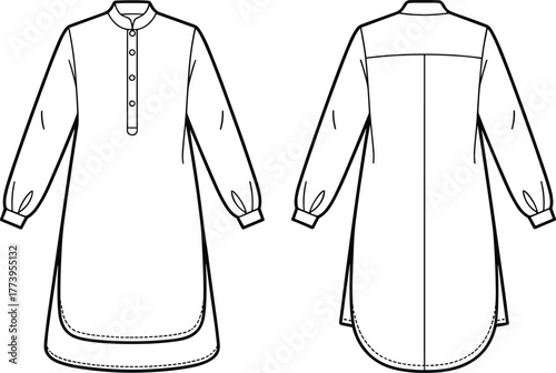 Long sleeve tunic dress flat sketch, front and back view, vector fashion template, garment technical drawing, apparel design illustration for women