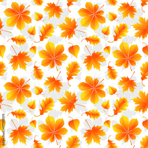 Beautiful random gold autumn leaves on a white background. Seamless pattern, print, wallpaper, vector illustration