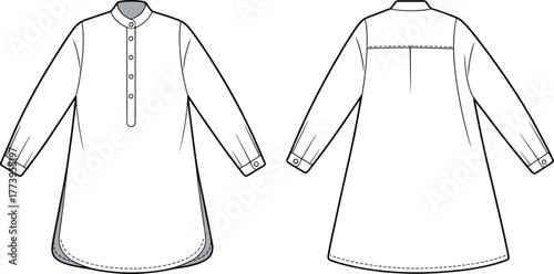 Long sleeve tunic shirt flat sketch, front and back view, vector fashion template, garment technical drawing, apparel design illustration