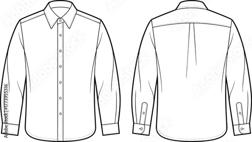 Men’s, long, sleeve, shirt, vector, technical, drawing, front, back, button, down, collar, fashion, template, apparel, clothing, design, mockup, outline, illustration